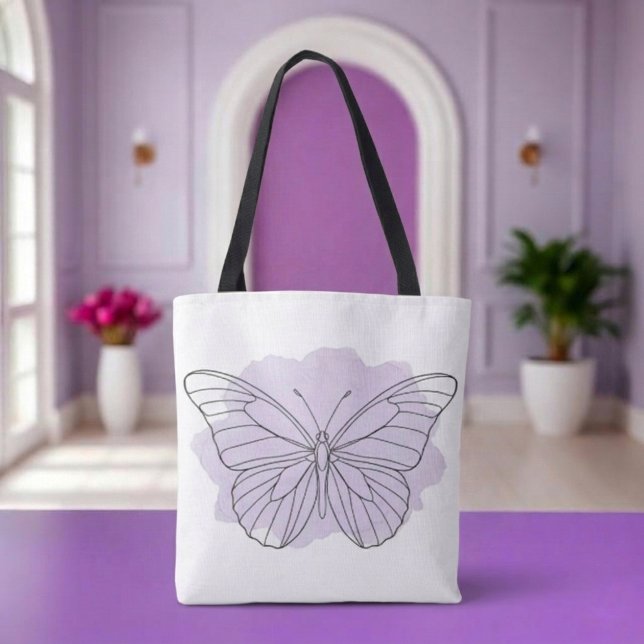 Sac à main en aquarelle papillon lavande minimalis (Modern minimalist purple watercolor, line drawing butterfly tote bag)