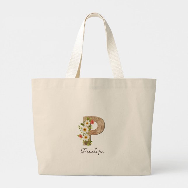 Sac à main en bois avec lettre P et monogramme flo (Dos)