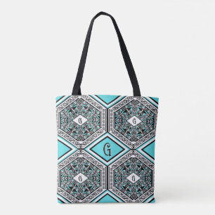 Sac à main en tapisserie tribale turquoise, blanc