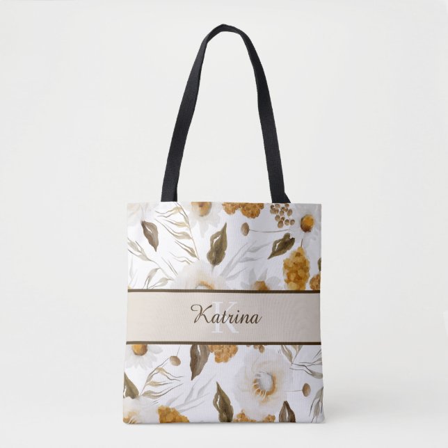 Sac à main en toile avec monogramme et fleurs aqua (Devant)