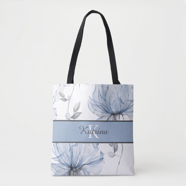 Sac à main en toile avec monogramme et fleurs aqua (Devant)