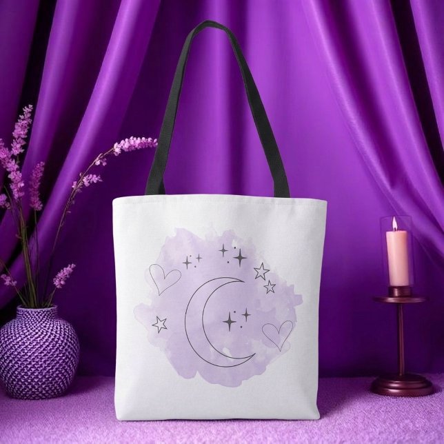 Sac à main en toile couleur violet esthétique avec (Modern minimalist tote bag with purple water color and celestial line drawing)