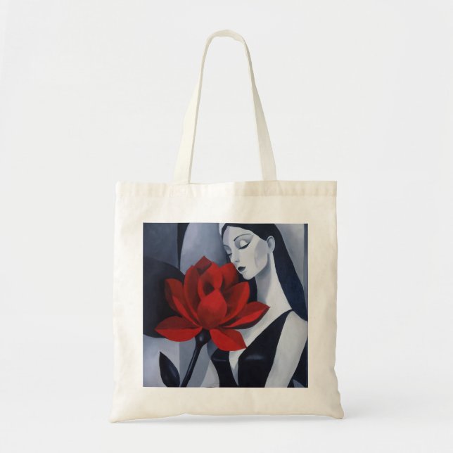 Sac à main en toile Femme d'art moderne avec rose  (Devant)