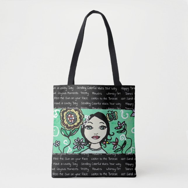 Sac à main fantaisiste fille et fleurs d'art popul (Devant)