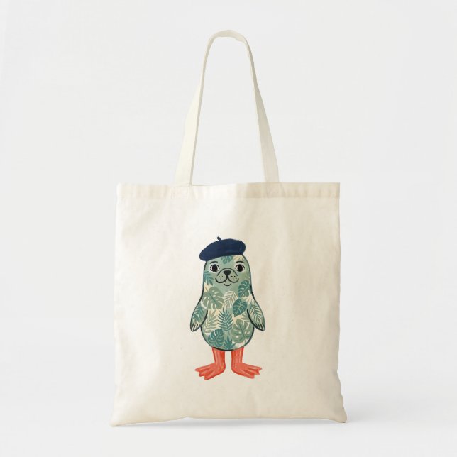 Sac à main feuille tropicale avec phoque en bérêt  (Devant)