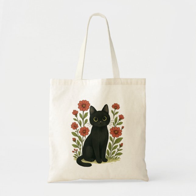 Sac à main floral avec un chat noir mignon (Devant)