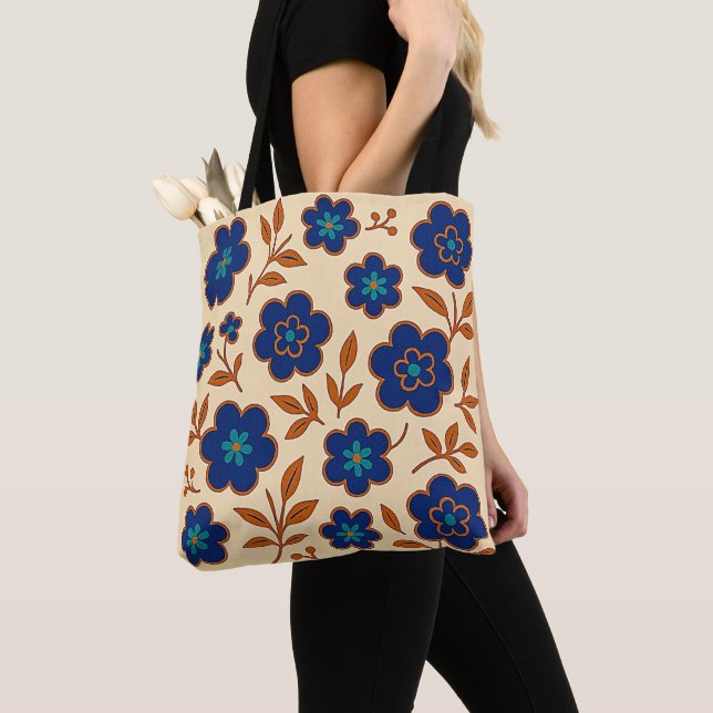 Sac à main floral bohème beige et bleu (De près)
