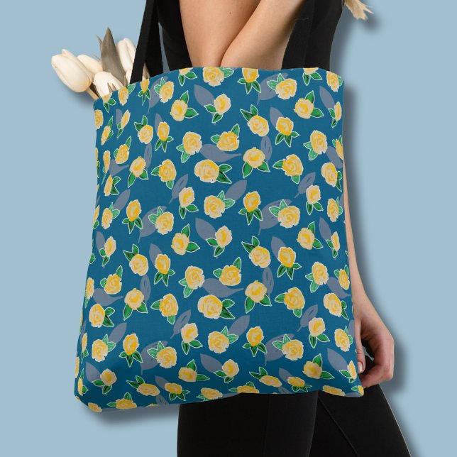 Sac à main floral en botanique Rose jaune (Yellow rose floral botanical print tote bag)