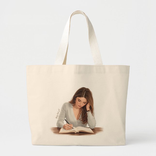 Sac à main illustré d'une femme écrivant avec une  (Devant)