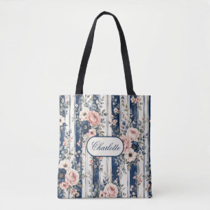 Sac à main personnalisé à motif floral rayé bleu m