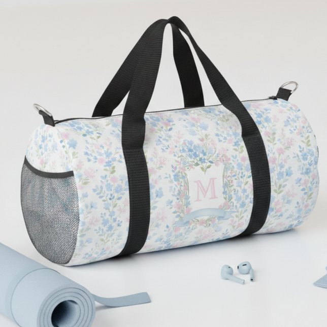 Sac à main personnalisé avec monogramme floral (elegant girly blue pink floral personalized duffel bag with custom monogram initial)
