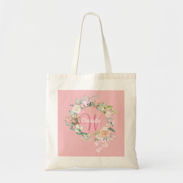 Sac à main rose en or floral avec monogramme en éc (Devant)