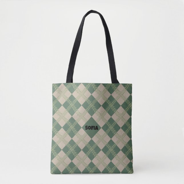 Sac à main vert à motif Argyle rouge avec nom (Devant)