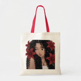 Sac à main vibrant rouge floral et fille aux cheve