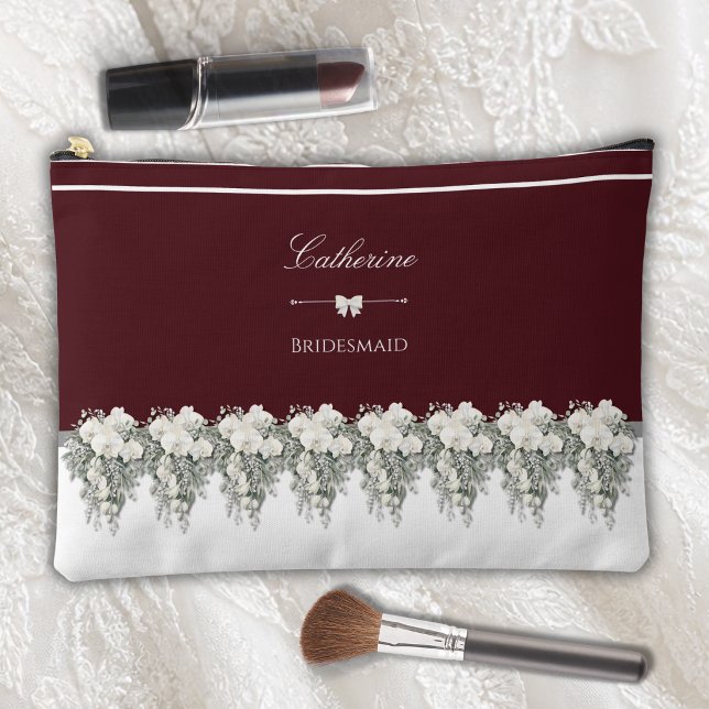 Sac à Maquillage Chic Bourgogne pour Mariage d'Aut (Personalized burgundy wine cosmetic pouch with white orchids for bridesmaids.)
