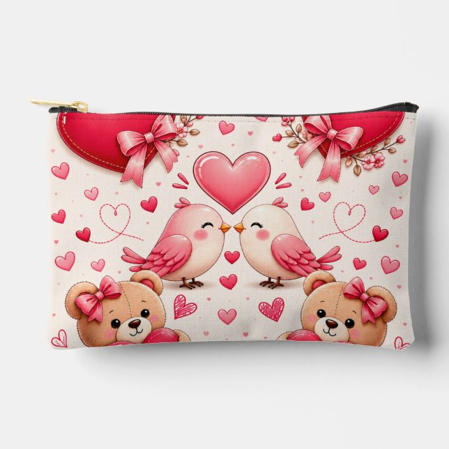 Sac à Maquillage Cœurs et Oiseaux Roses Romantique (Recto)