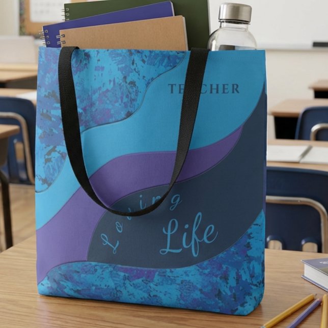 Sac à motifs pinceau violet et sarcelle pour ensei (Teal blue and purple brush stroke design with occupation at the top so customize it for anyone)