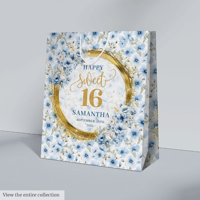 Sac à Parties scintillant en or de Sweet sixteen b (Chic Dusty Blue Sweet Sixteen Gold Glitter Bag Set)