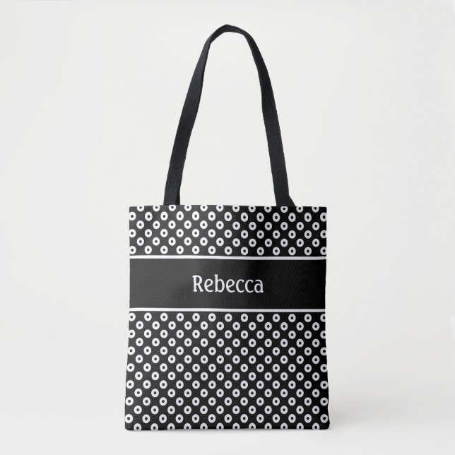 Sac à pois noir et blanc avec bande de nom (Devant)