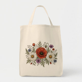 Sac à provisions en toile fleurie sauvage et pavot