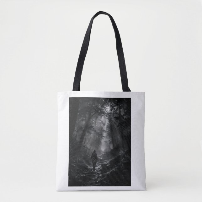 Sac à Tote Noir et Blanc Promeneur de Forêt de Pin (Devant)