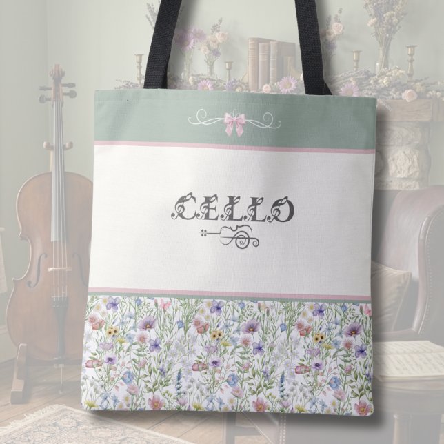 Sac à violoncelle Enchanted Meadow | Musicienne fl (Custom Cello Tote Bag | Whimsical Sage Green & Pink Wildflower | Botanical Music Gear)