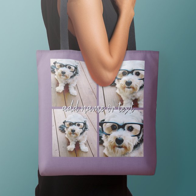 Sac Ajustable 4 Photo Collage avec nom manuscrit - violet (Personalized tote bag with photos collage and text)
