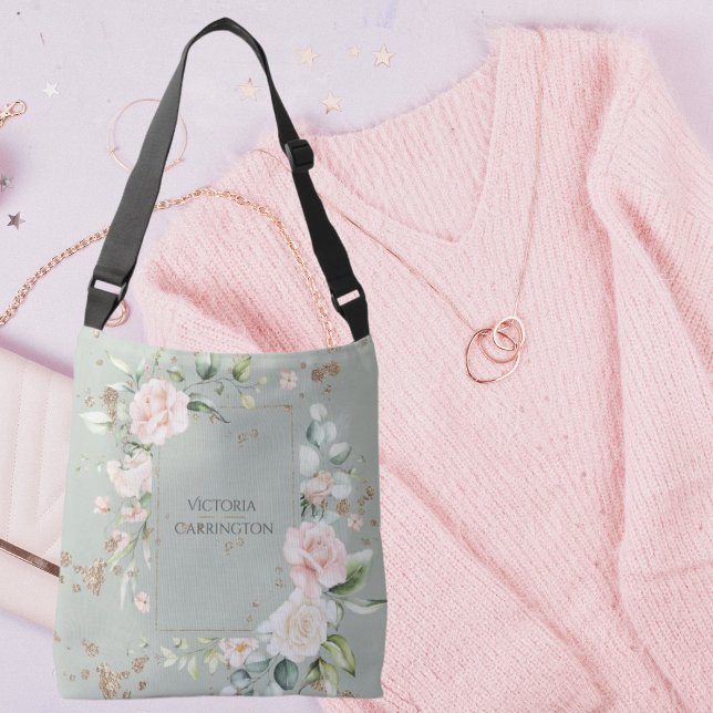 Sac Ajustable Aquarelle dorée Sage Green Floral Personnalisé (Créateur téléchargé)