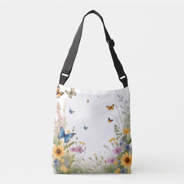 Sac Ajustable Aquarelle Fleur sauvage Gris Et Papillons, (Devant)