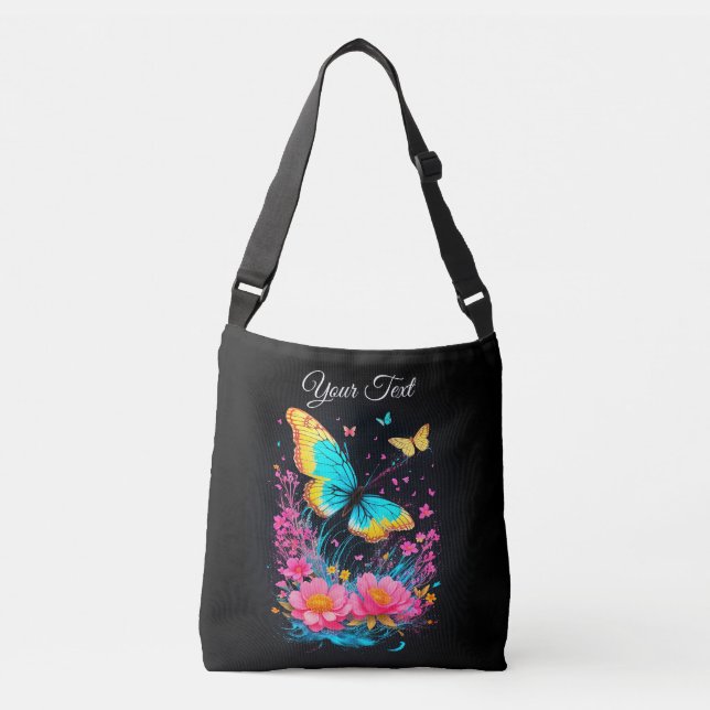 Sac Ajustable aquarelle Papillons rose fleurs bleu élégant (Devant)