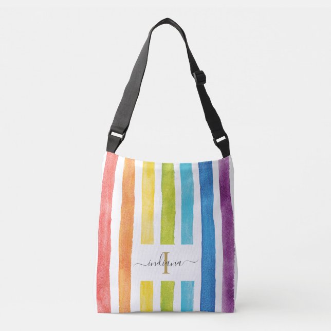 Sac Ajustable Aquarelle Rainbow Monogramme Nom Script fille (Devant)