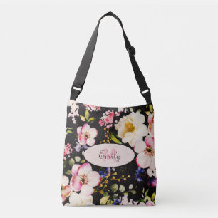 Sac Ajustable Aquarelle rose Roses jaunes sur noir, Monogramme