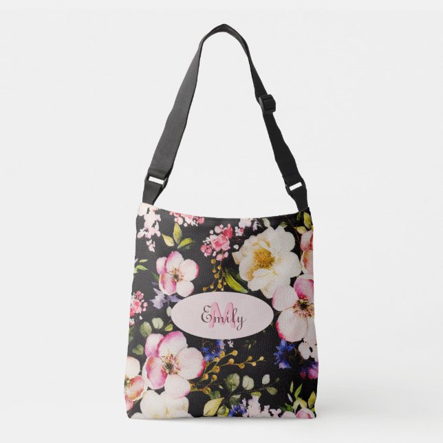 Sac Ajustable Aquarelle rose Roses jaunes sur noir, Monogramme (Devant)