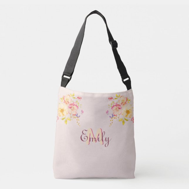 Sac Ajustable Aquarelle Roses Jaunes Rose, Monogramme (Devant)