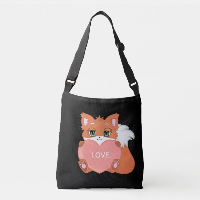 Sac Ajustable Bébé mignon renard avec coeur sur Black Crossbody  (Devant)