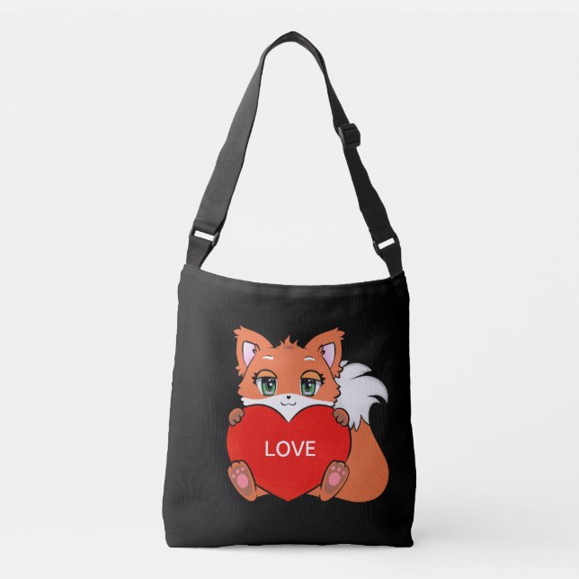 Sac Ajustable Bébé renard mignon avec cœur sur fond noir (Devant)