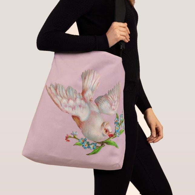 Sac Ajustable belle colombe blanche avec brindille dans la bouch (De près)