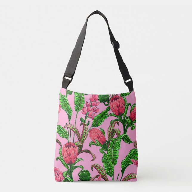 Sac Ajustable Belles feuilles vertes tropicales avec fleurs roug (Devant)