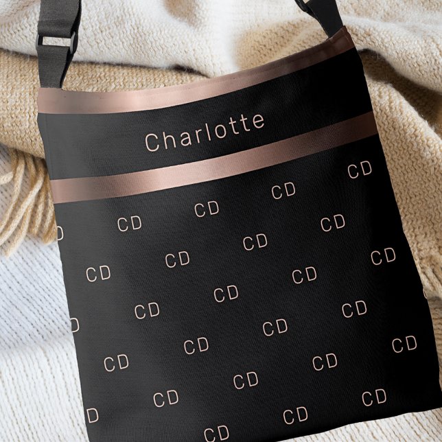 Sac Ajustable Black rose gold monogram initials pattern name (Créateur téléchargé)