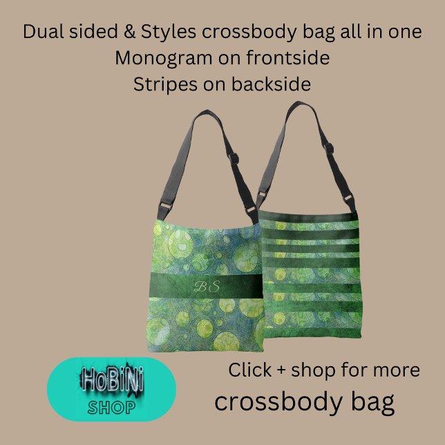 Sac Ajustable bleu double face vert abstrait multicolore (Dual sided &styles crossbody bag all in one
Monogram on frontside
Stripes on backside)