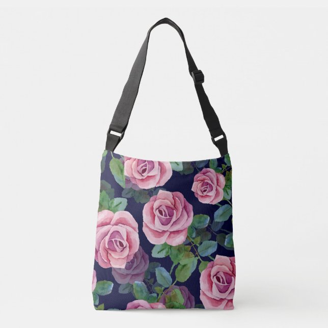 Sac Ajustable Bleu foncé, Roses Roses Rose Aquarelle. (Devant)
