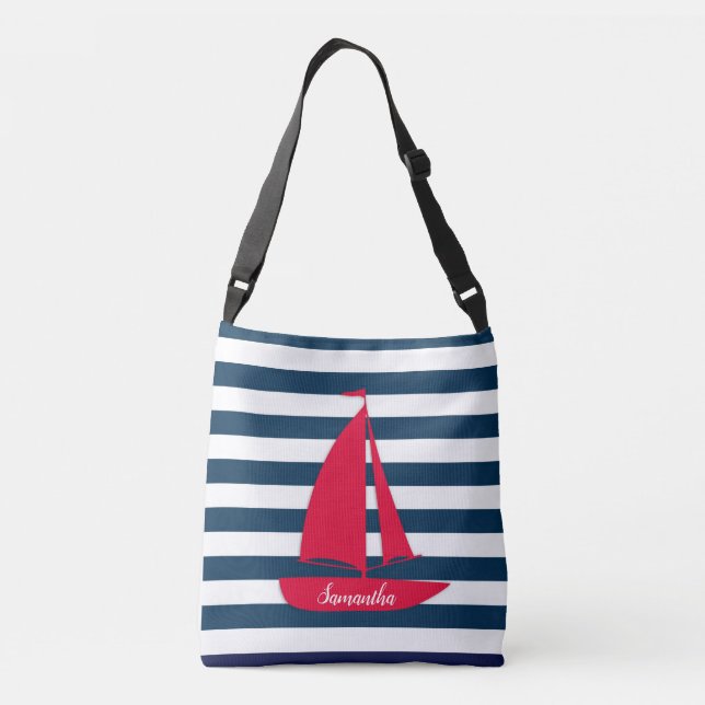 Sac Ajustable Bleu Nuit Marin Rayé Blanc Monogramme Rouge Bateau (Dos)