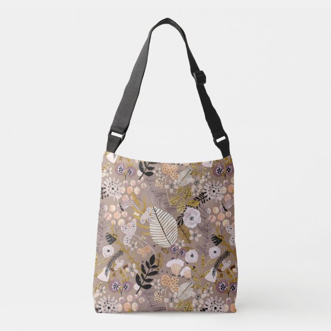 Sac Ajustable Boho Noir Blanc Or Pêche Feuille Floral Dessiné (Devant)