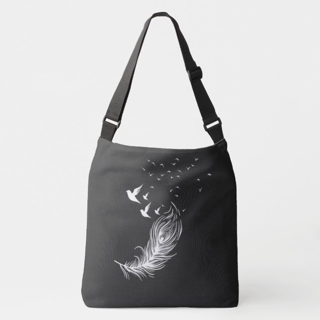 Sac Ajustable Boho Plumes Blanches et Oiseaux Volants Artistique (Devant)
