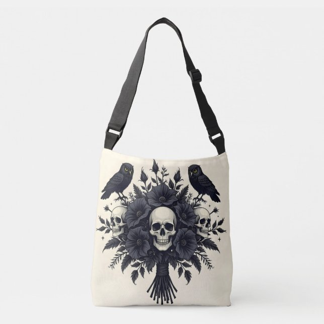 Sac Ajustable Bouquet Goth avec trois crânes et deux hiboux (Devant)
