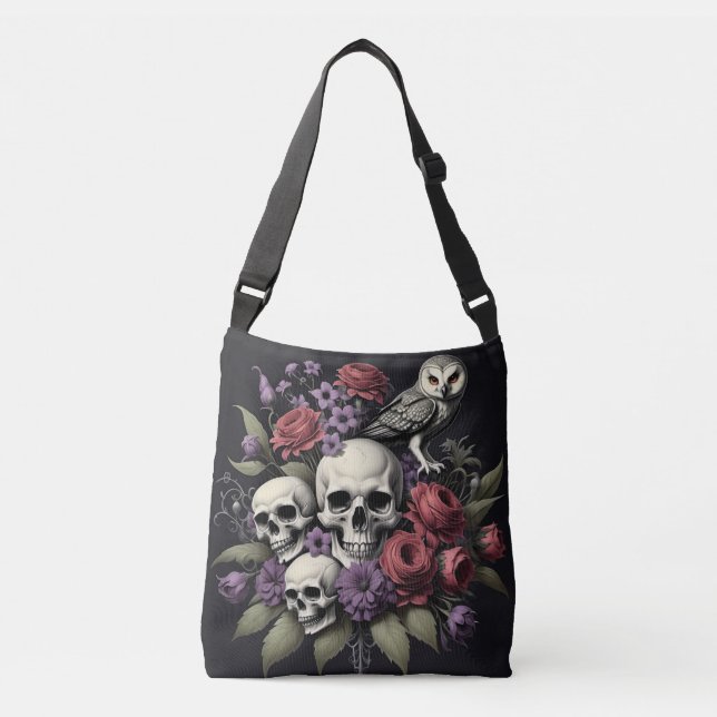 Sac Ajustable Bouquet gothique avec trois crânes et un hibou (Devant)
