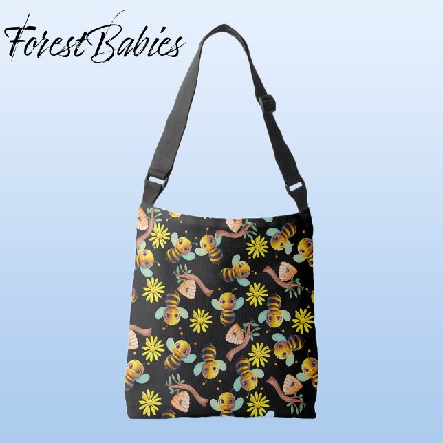 Sac Ajustable Bumble Bee 🐝 Jaune Daisy Honey Black Floral (🐝 Bumble Bee, ForestBabies Yellow Daisy, Honey Hive Black Floral Cross Body Bag - Front)