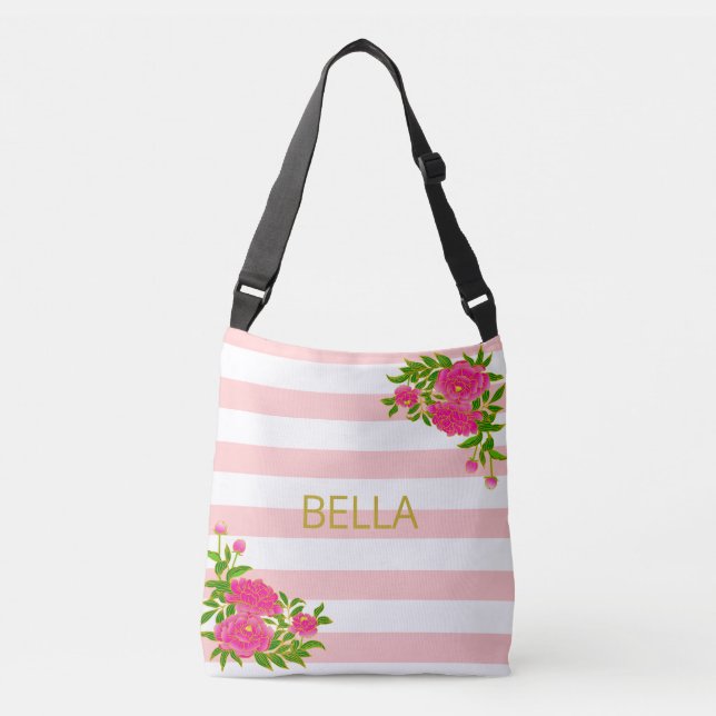 Sac Ajustable Calligraphie dorée sur rayures roses et blanches (Devant)