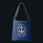 Sac Ajustable Capitaine Votre nom de bateau Ancre Gold Laurel Ma<br><div class="desc">Un sac fourre-tout de carrosserie élégant avec Capitaine ou autre titre, votre nom personnalisé, nom de bateau ou autre texte souhaité. Dispose d'une ancre de bateau nautique conçue sur mesure avec des feuilles de laurier de style or et étoile sur bleu marine. Customisez facilement la couleur de base pour correspondre...</div>