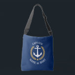 Sac Ajustable Capitaine Votre nom de bateau Ancre Gold Laurel Ma<br><div class="desc">Un sac fourre-tout de carrosserie élégant avec Capitaine ou autre titre, votre nom personnalisé, nom de bateau ou autre texte souhaité. Dispose d'une ancre de bateau nautique conçue sur mesure avec des feuilles de laurier de style or et étoile sur bleu marine. Customisez facilement la couleur de base pour correspondre...</div>